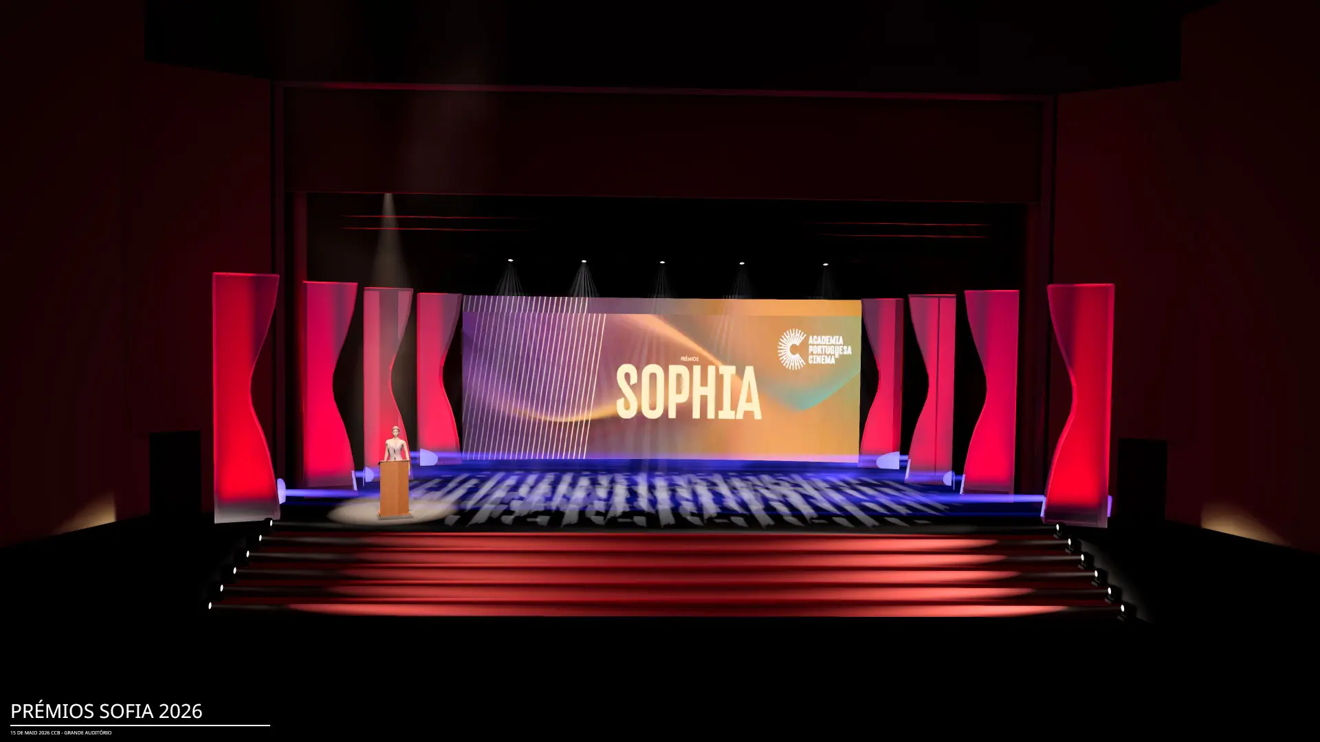 Prémios Sophia 2026 — simulação 3D de palco