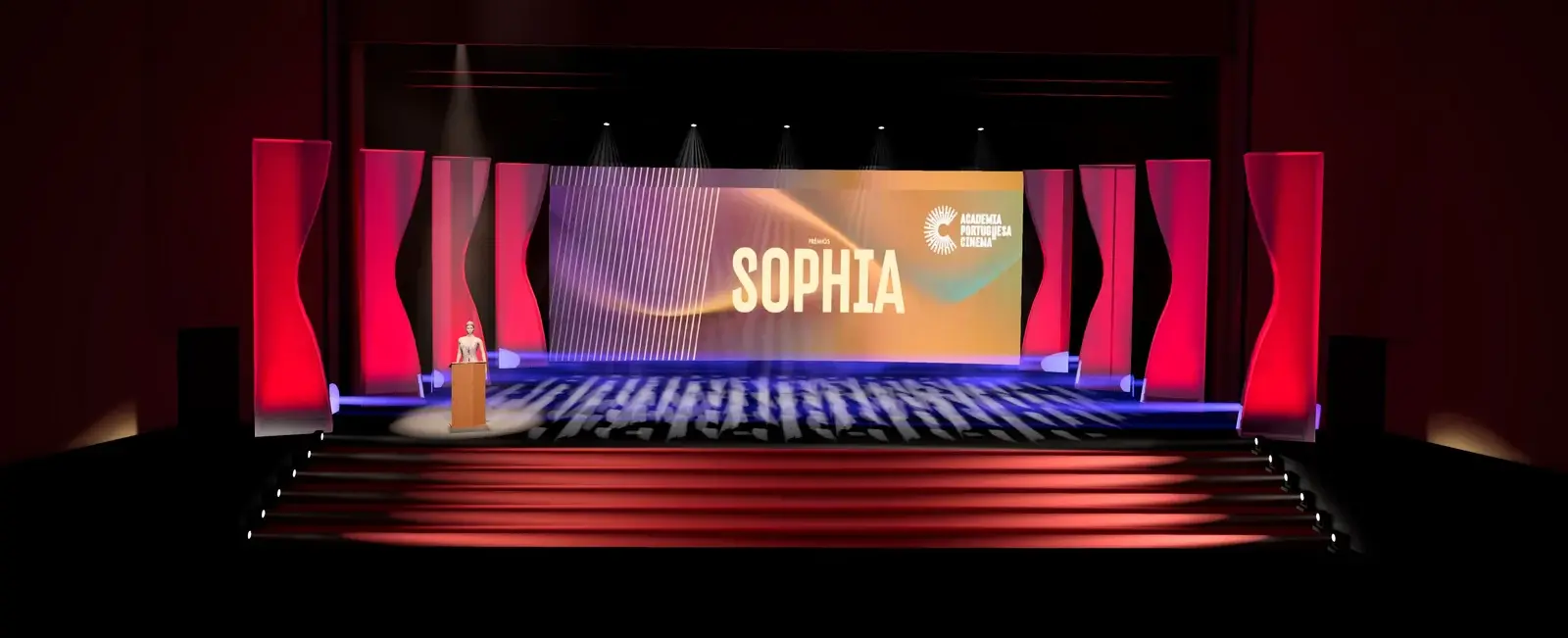 Simulação 3D do palco dos Prémios Sophia com cenografia, cortinas vermelhas e ecrã